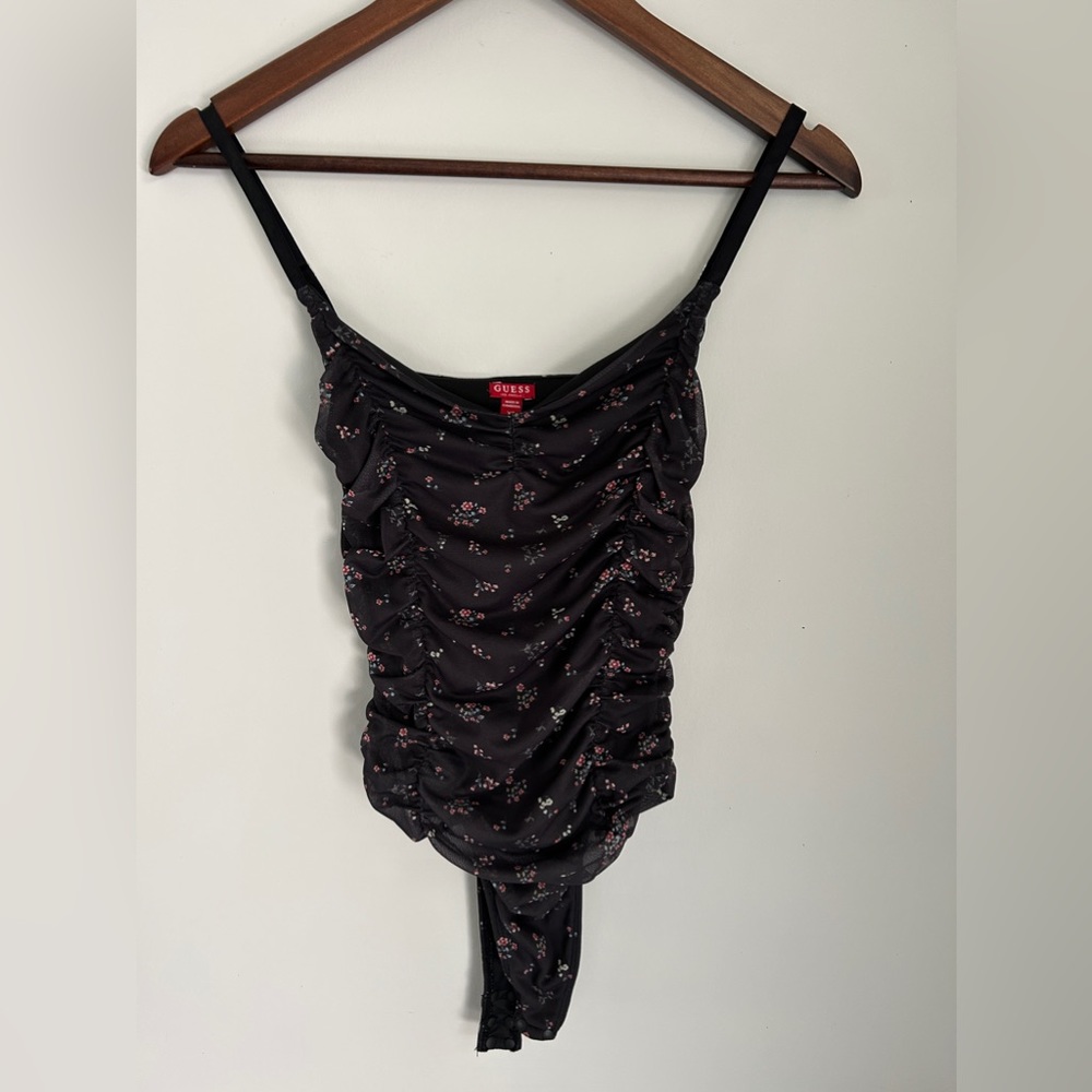 Guess Black Floral Ruched Detail Tulle Bodysuit ~ size XS ~ perfect condition - Picture 2 of 6